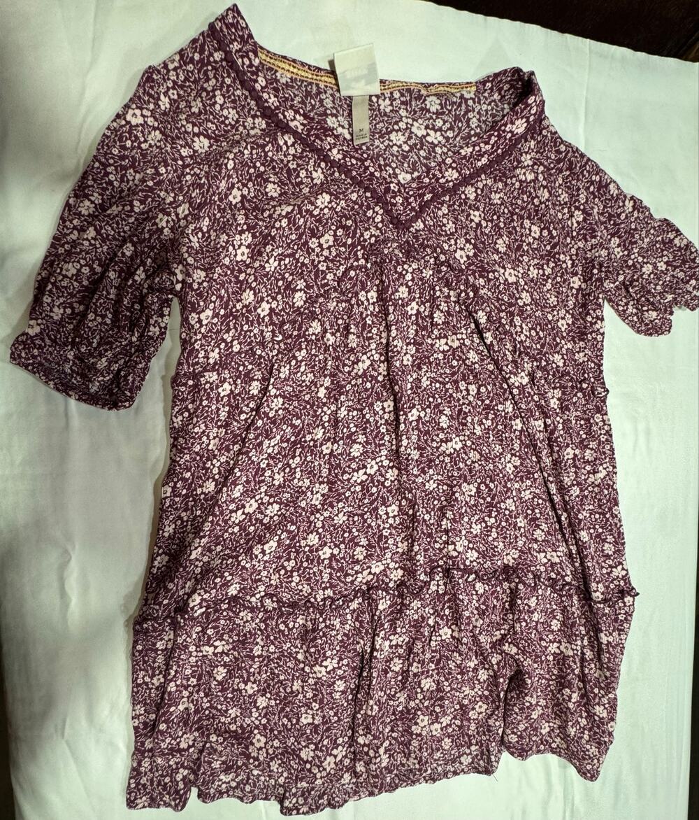 Knox Rose Womens Med Dress Pink Floral V Neck Shift Tiered Boho Hippie Peasant